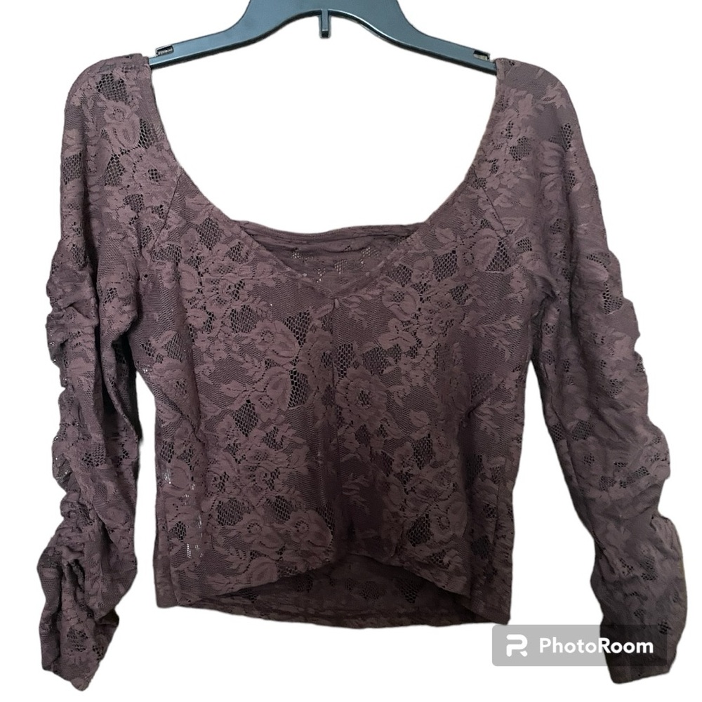 NWOT Free People Brown In Rotation Sheer Lace Layering Ruched Top Small - Picture 8 of 10